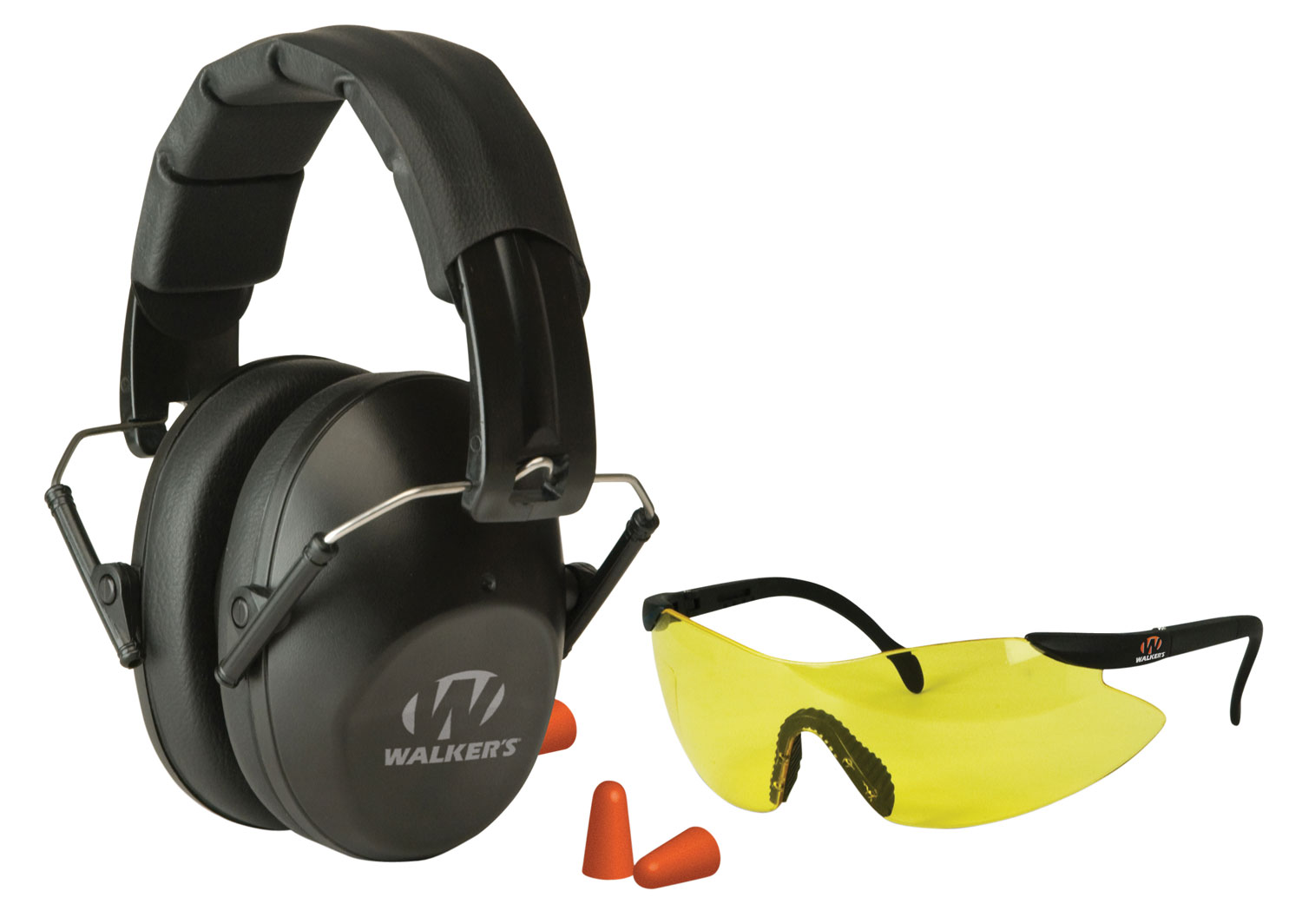 Walker's Pro Low Profile Passive Muff Combo Kit Includes Foam Ear Plugs, Low Profile 31 db Over the Head Passive Muff, Shooting Glasses w/Yellow Lens